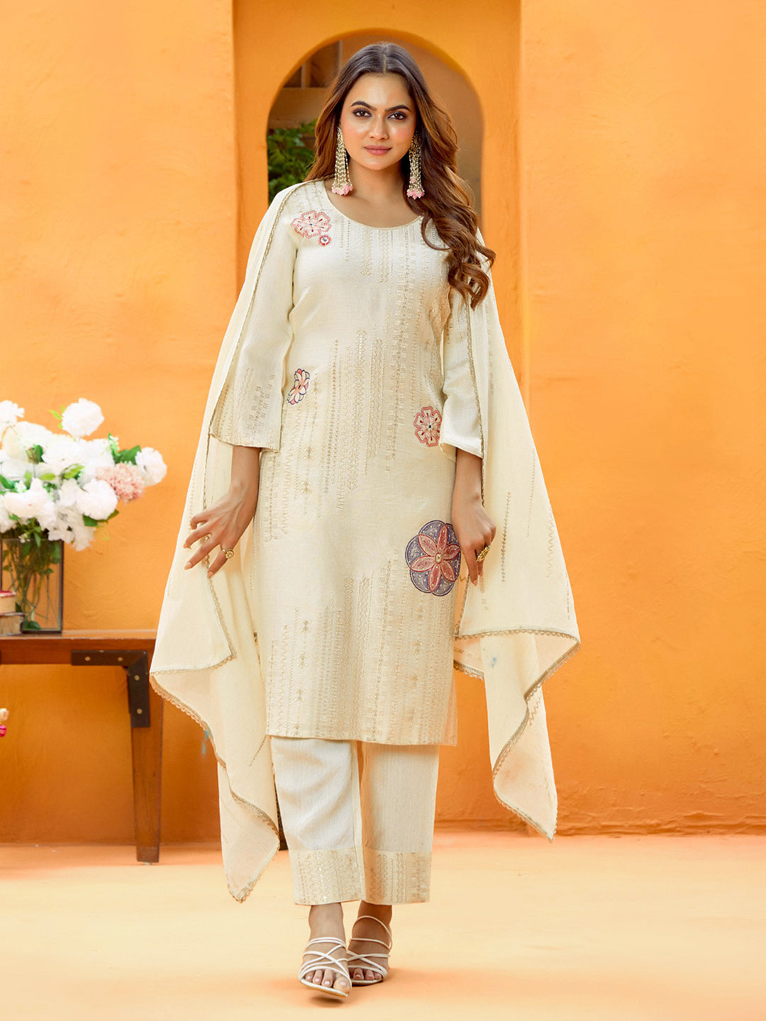 Cream Pure Cotton Zari Sequence Thread Embroidered Kurta With Pant And Dupatta