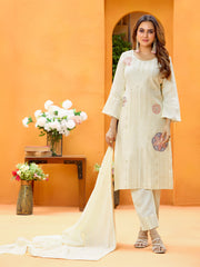 Cream Pure Cotton Zari Sequence Thread Embroidered Kurta With Pant And Dupatta