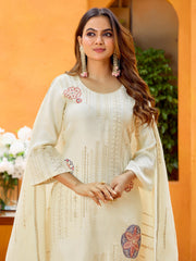 Cream Pure Cotton Zari Sequence Thread Embroidered Kurta With Pant And Dupatta