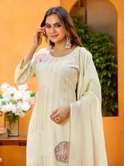 Cream Pure Cotton Zari Sequence Thread Embroidered Kurta With Pant And Dupatta