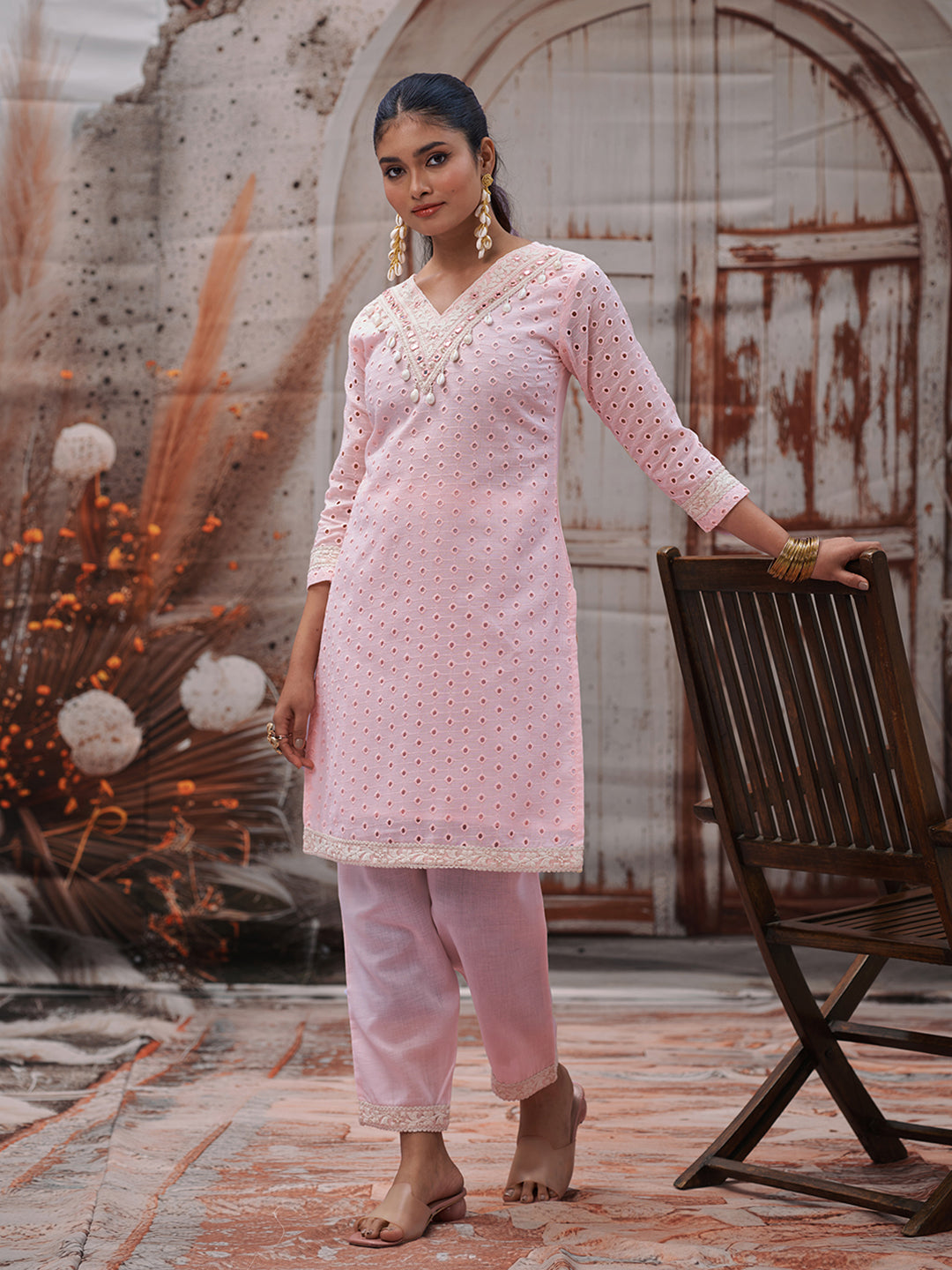 Pink Pure Cotton Schiffli Embroidery With Mirror And Kodi Work Embroidered Cotton Kurta With Pant