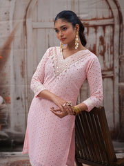 Pink Pure Cotton Schiffli Embroidery With Mirror And Kodi Work Embroidered Cotton Kurta With Pant