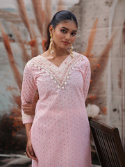 Pink Pure Cotton Schiffli Embroidery With Mirror And Kodi Work Embroidered Cotton Kurta With Pant