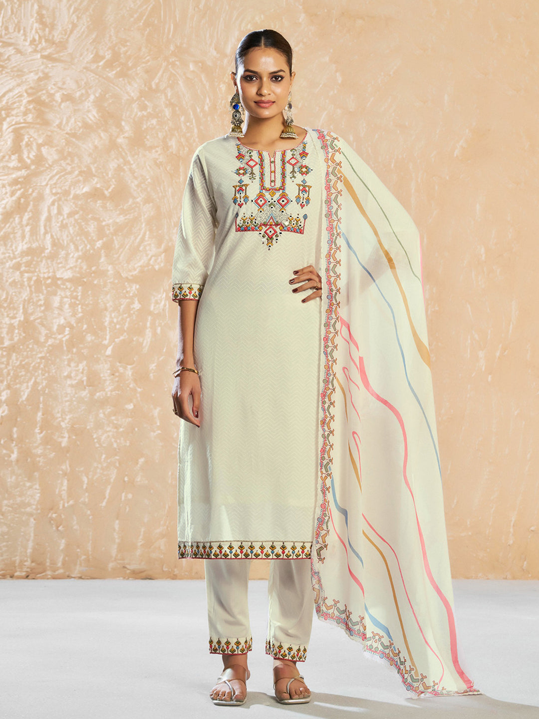 White Pure Cotton Thread Moti Hand Work With Mirror Work Embroidered Straight Kurta With Pant And Dupatta