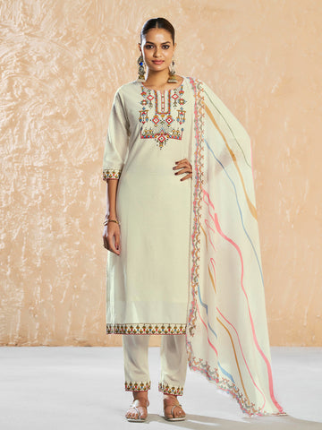 White Pure Cotton Thread Moti Hand Work With Mirror Work Embroidered Straight Kurta With Pant And Dupatta