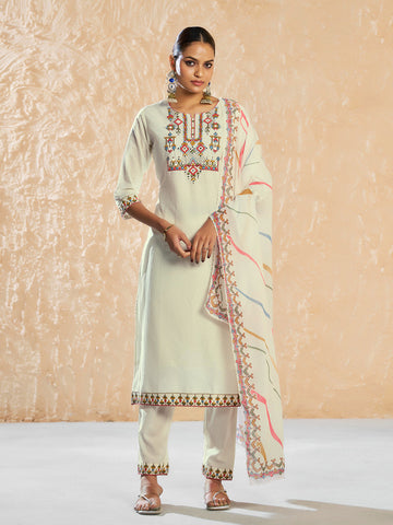 White Pure Cotton Thread Moti Hand Work With Mirror Work Embroidered Straight Kurta With Pant And Dupatta