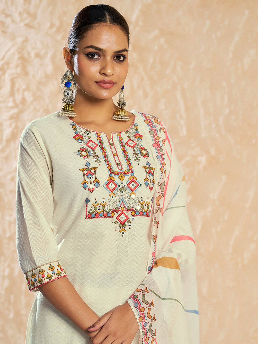 White Pure Cotton Thread Moti Hand Work With Mirror Work Embroidered Straight Kurta With Pant And Dupatta