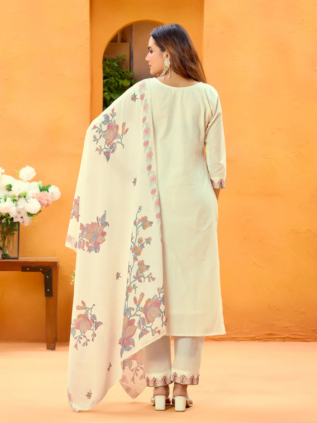 White Pure Cotton Zari Sequence Thread Embroidery With Moti Work Straight Kurta With Pant And Dupatta