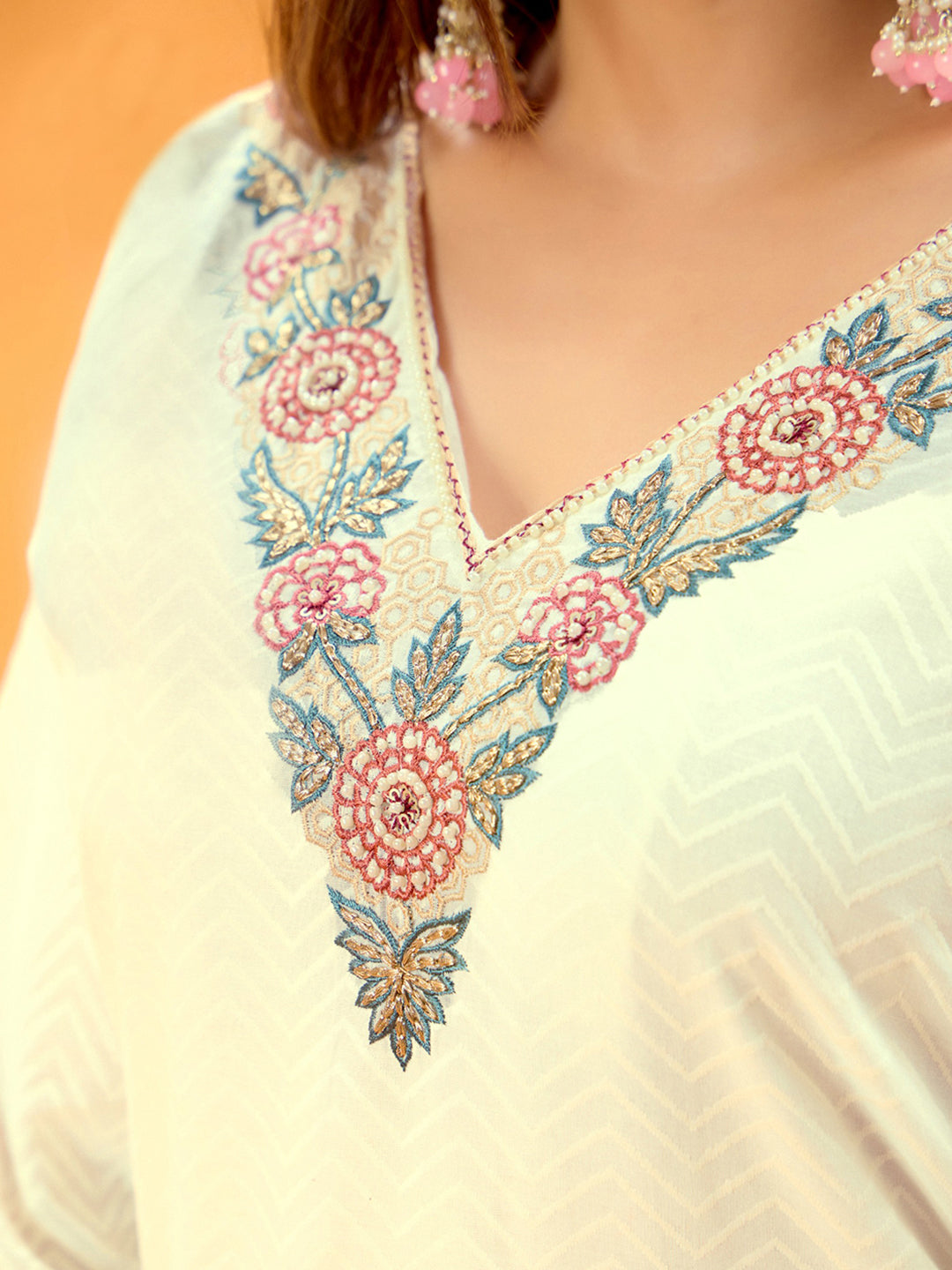 White Pure Cotton Zari Sequence Thread Embroidery With Moti Work Straight Kurta With Pant And Dupatta