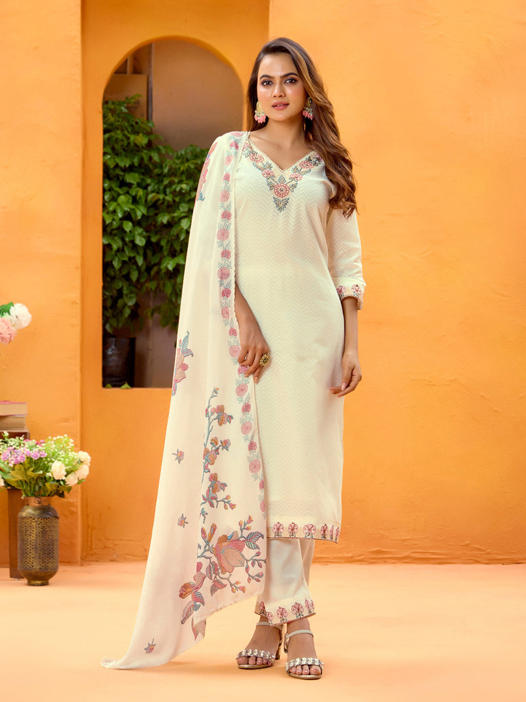 White Pure Cotton Zari Sequence Thread Embroidery With Moti Work Straight Kurta With Pant And Dupatta