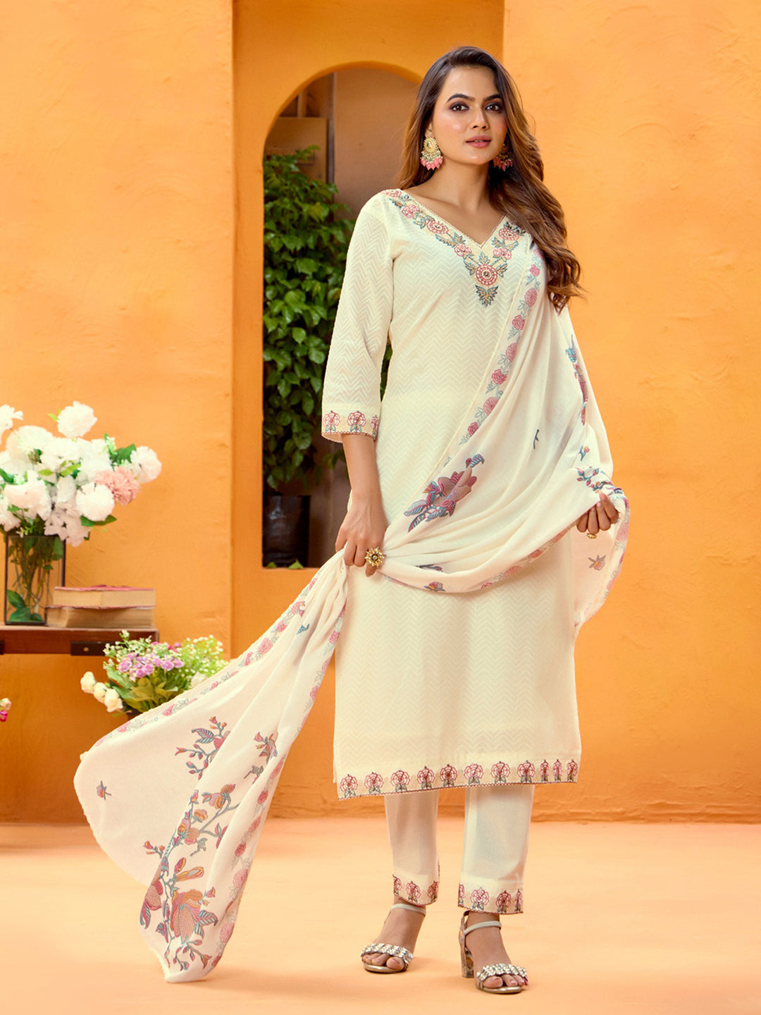 White Pure Cotton Zari Sequence Thread Embroidery With Moti Work Straight Kurta With Pant And Dupatta
