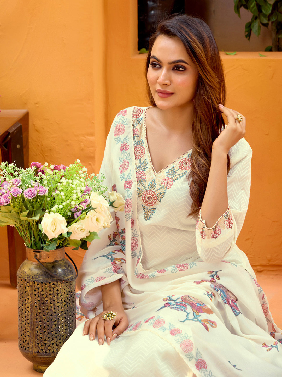 White Pure Cotton Zari Sequence Thread Embroidery With Moti Work Straight Kurta With Pant And Dupatta