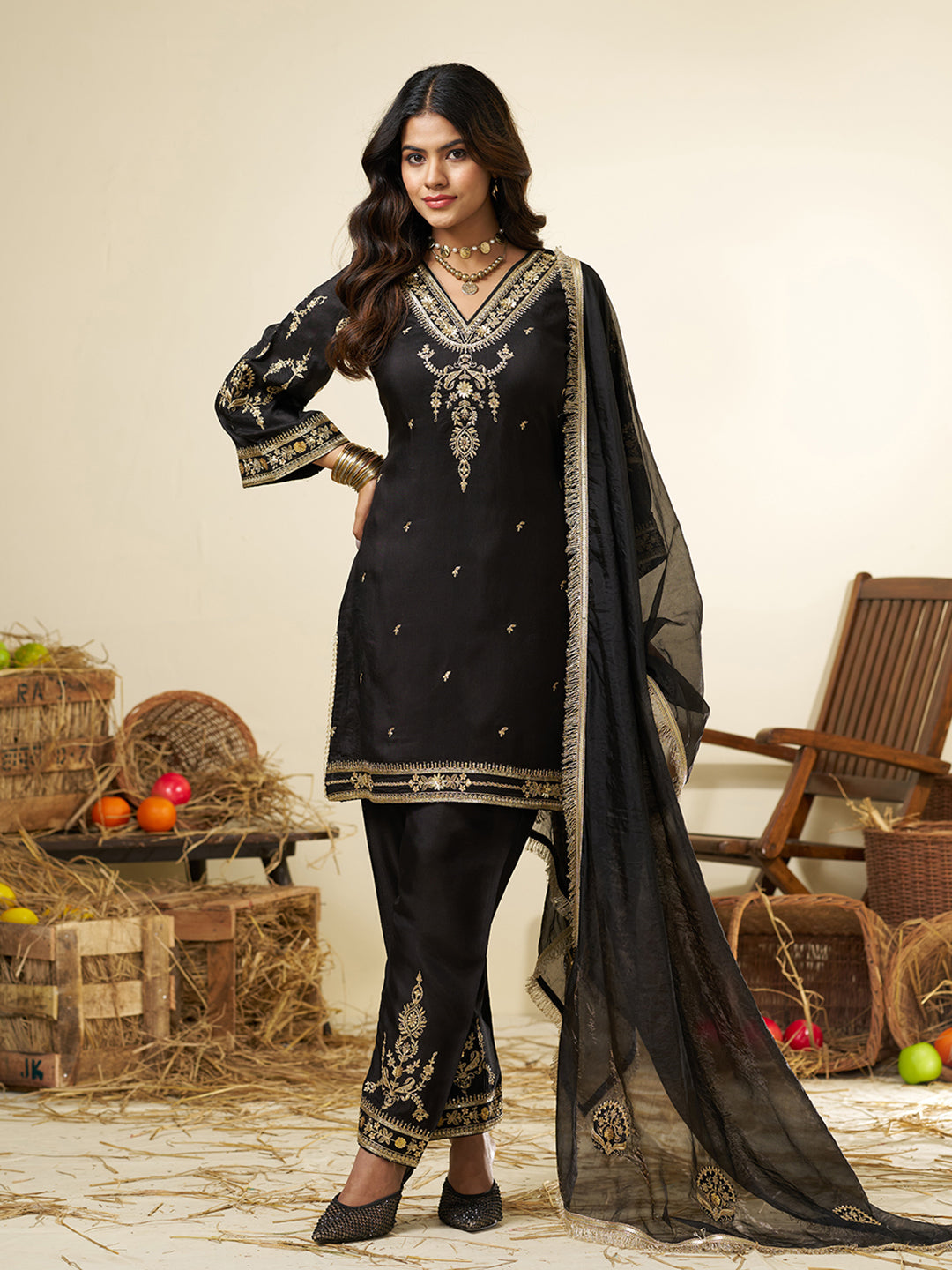 Black Pure Silk Zari Sequence Embroidered Festive Kurta With Pant And Dupatta