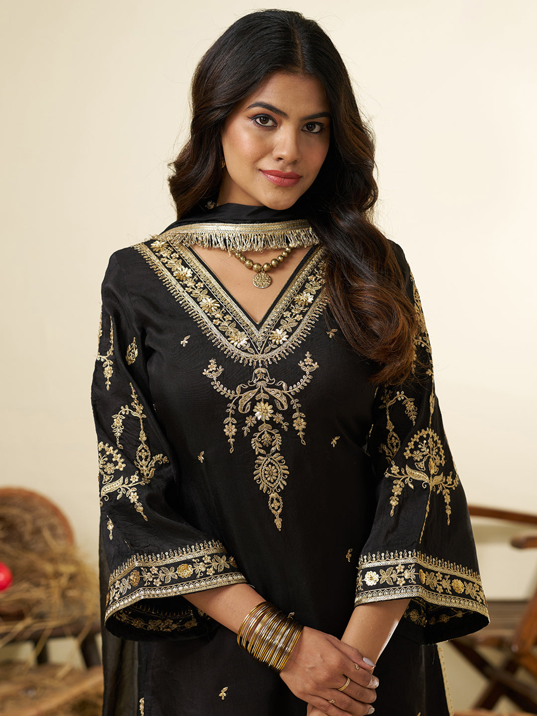Black Pure Silk Zari Sequence Embroidered Festive Kurta With Pant And Dupatta