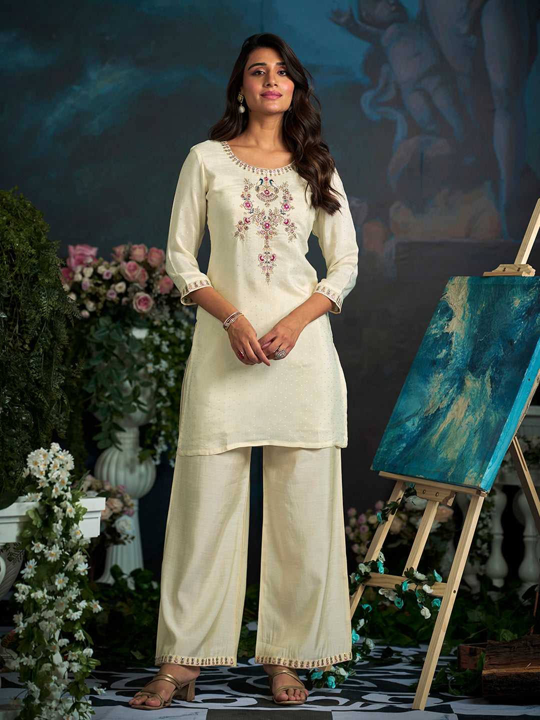 White Pure Cotton Zari Sequence Thread Embroidery With Moti Work Kurta With Pant
