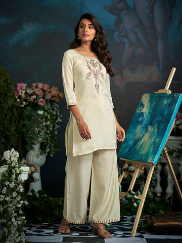 White Pure Cotton Zari Sequence Thread Embroidery With Moti Work Kurta With Pant
