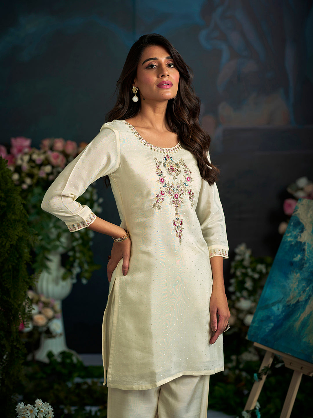 White Pure Cotton Zari Sequence Thread Embroidery With Moti Work Kurta With Pant