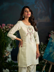 White Pure Cotton Zari Sequence Thread Embroidery With Moti Work Kurta With Pant