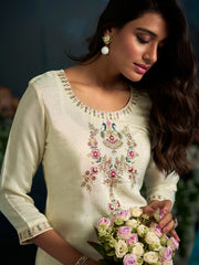 White Pure Cotton Zari Sequence Thread Embroidery With Moti Work Kurta With Pant