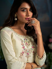 White Pure Cotton Zari Sequence Thread Embroidery With Moti Work Kurta With Pant