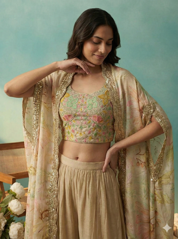 Pastel Beige Floral Crop Top with Palazzo and Embroidered Cape Set