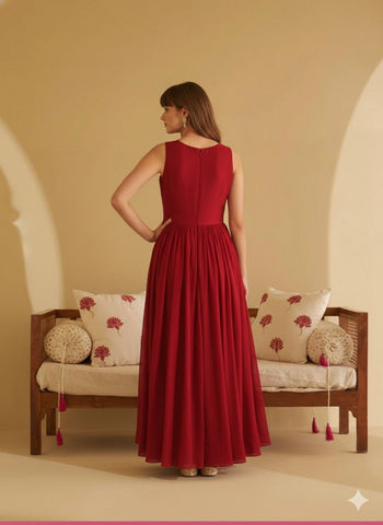 Elegant Crimson Red Floral Embroidered Sleeveless Maxi Dress