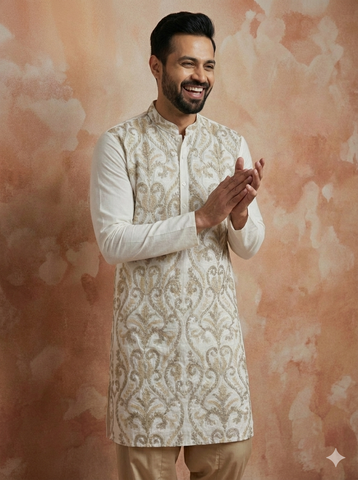 Chhaap Off White Thread Embroidered Full Sleeve Straight Kurta