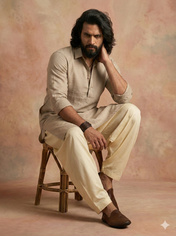 Chhaap Beige Solid Shirt Collar Kurta