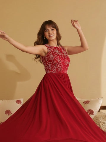 Elegant Crimson Red Floral Embroidered Sleeveless Maxi Dress