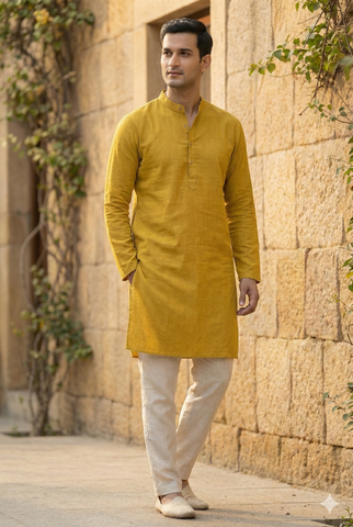 Chhaap Yellow Solid Cotton Kurta Pant Set