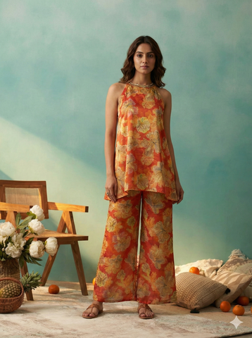 Vibrant Orange Floral Print Halter Neck Top and Palazzo Set