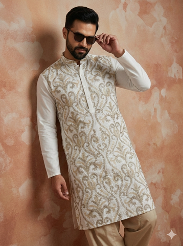 Chhaap Off White Thread Embroidered Full Sleeve Straight Kurta