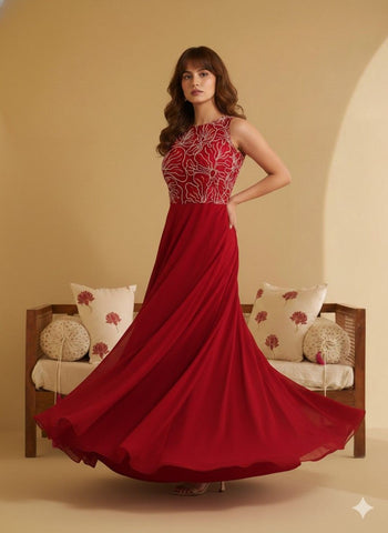 Elegant Crimson Red Floral Embroidered Sleeveless Maxi Dress