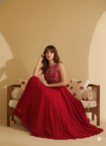 Elegant Crimson Red Floral Embroidered Sleeveless Maxi Dress