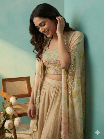 Pastel Beige Floral Crop Top with Palazzo and Embroidered Cape Set