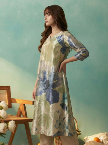 Beige Floral Print A-Line Kurta and Trouser Set