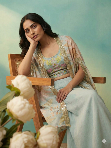 Pastel Blue Floral Crop Top with Palazzo and Embroidered Cape Set