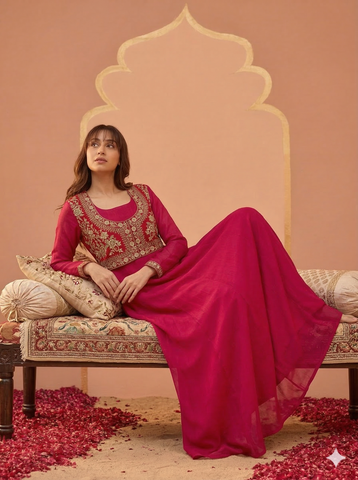Rani Pink Mughal Koti Gown with Embroidered Jacket