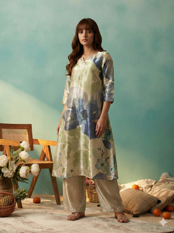 Beige Floral Print A-Line Kurta and Trouser Set