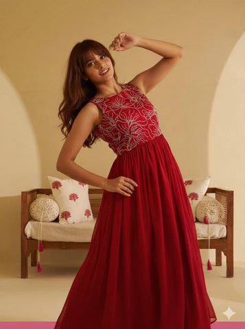 Elegant Crimson Red Floral Embroidered Sleeveless Maxi Dress