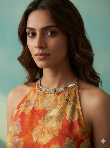 Vibrant Orange Floral Print Halter Neck Top and Palazzo Set