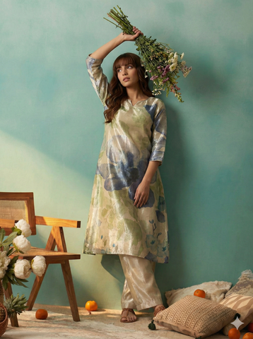 Beige Floral Print A-Line Kurta and Trouser Set