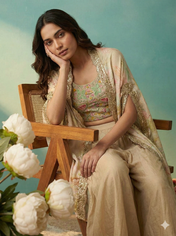 Pastel Beige Floral Crop Top with Palazzo and Embroidered Cape Set