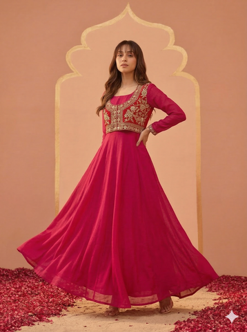 Rani Pink Mughal Koti Gown with Embroidered Jacket