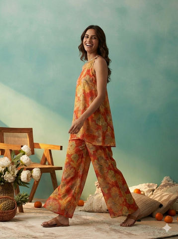 Vibrant Orange Floral Print Halter Neck Top and Palazzo Set