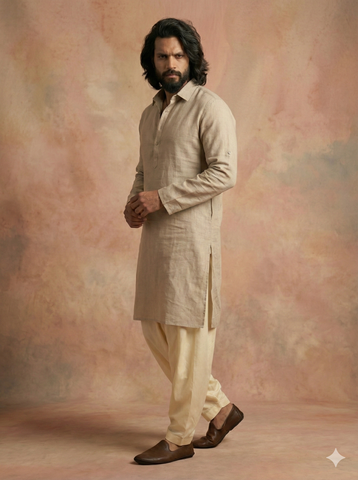 Chhaap Beige Solid Shirt Collar Kurta