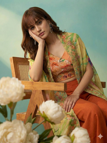 Rust Orange Floral Crop Top with Palazzo and Embroidered Cape Set