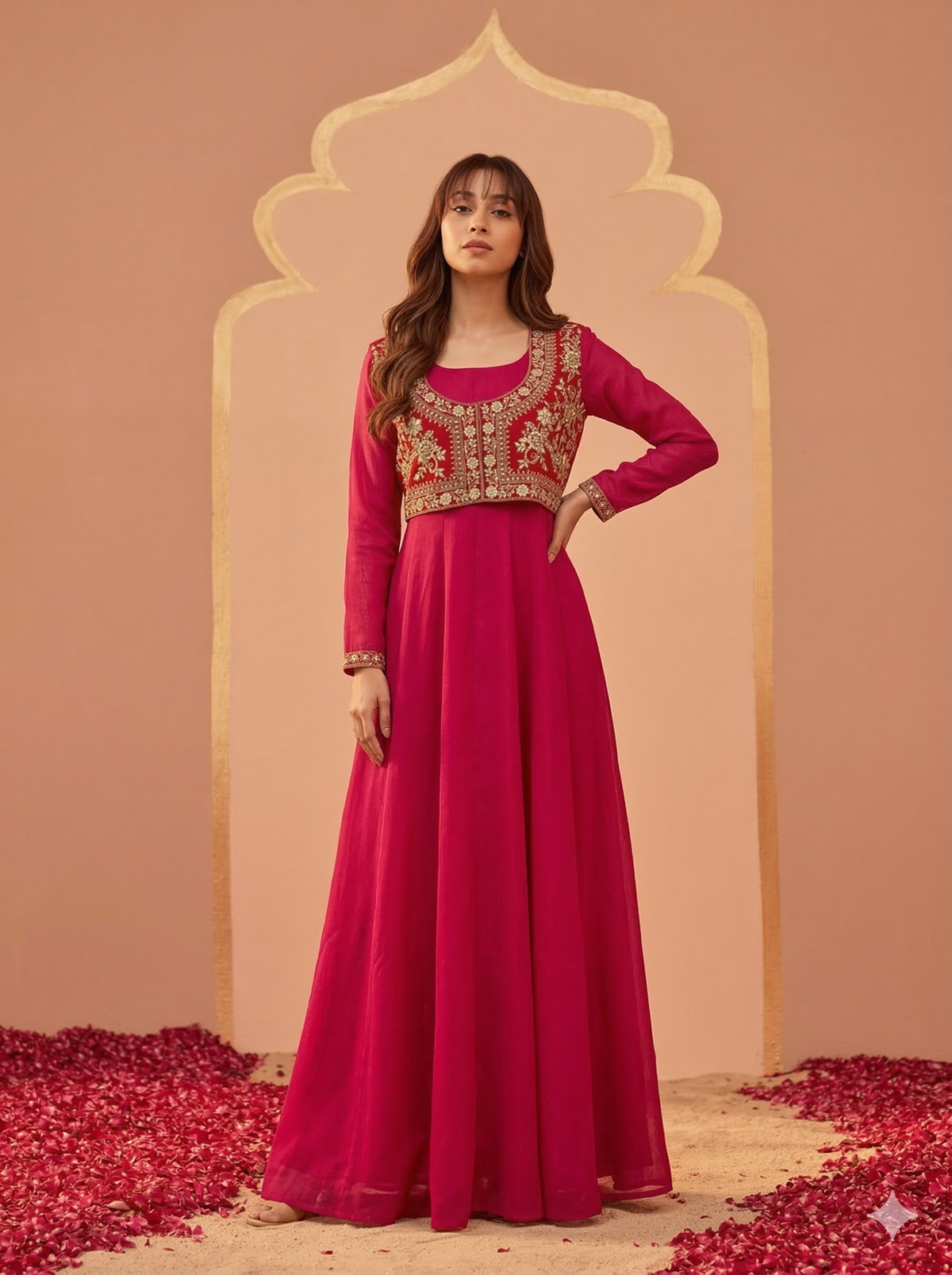 Rani Pink Mughal Koti Gown with Embroidered Jacket