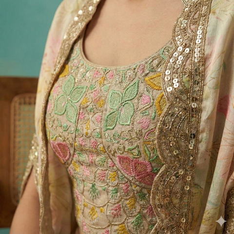 Pastel Beige Floral Crop Top with Palazzo and Embroidered Cape Set