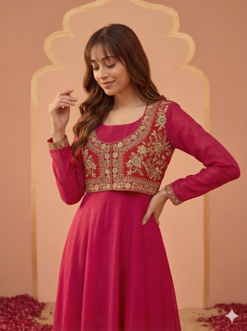 Rani Pink Mughal Koti Gown with Embroidered Jacket